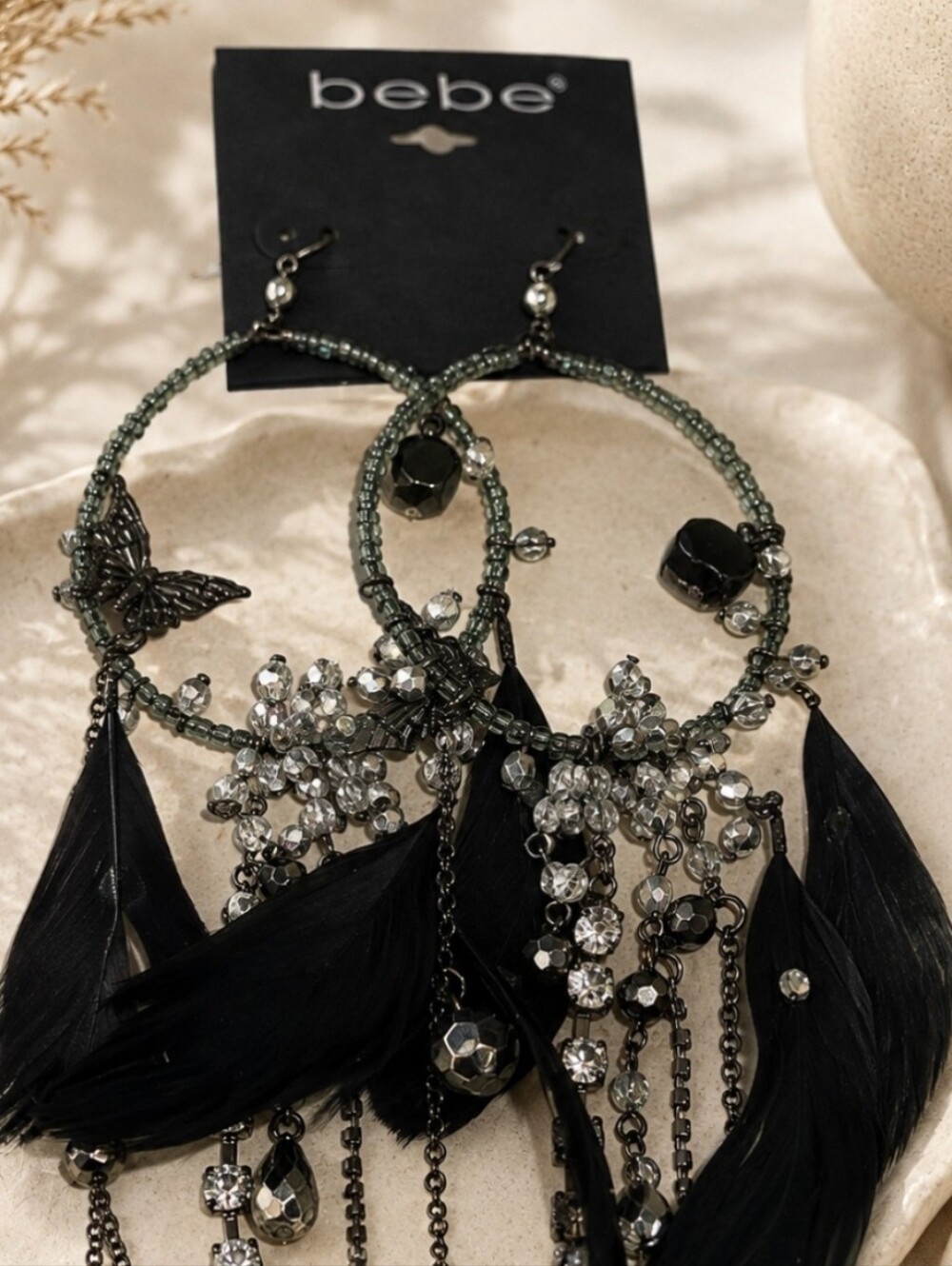 Vintage Y2K Bebe Feather & Crystal Butterfly Chandelier Earrings – NEW - Picture 7 of 7